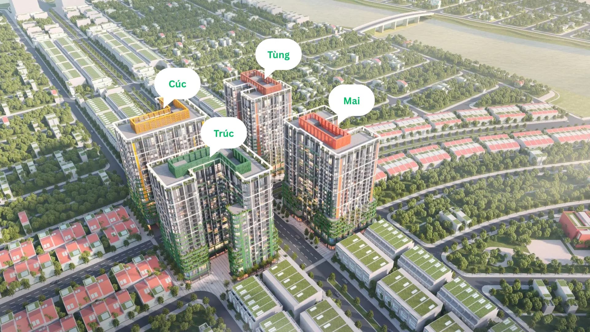 Phối cảnh 4 tháp Cúc · Trúc · Tùng · Mai — Sun Fours Tower Đà Nẵng