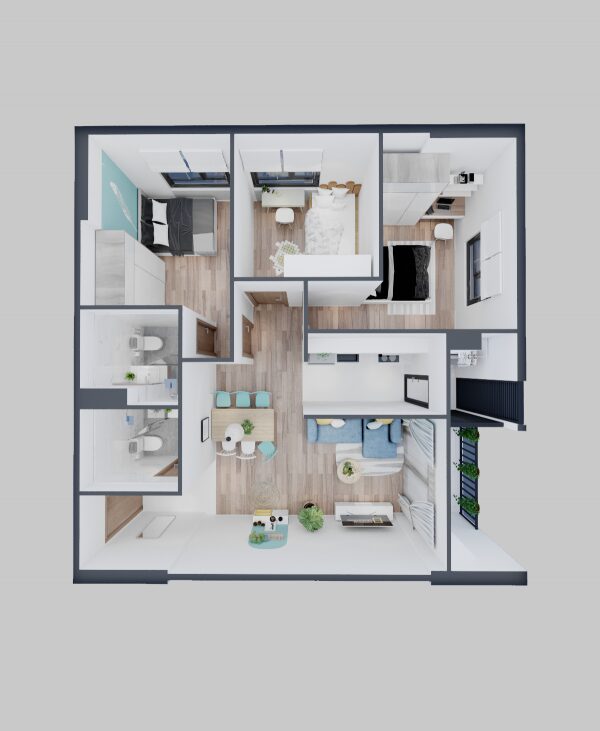 Render of a large, central living and dining area in a 3-bedroom family apartment